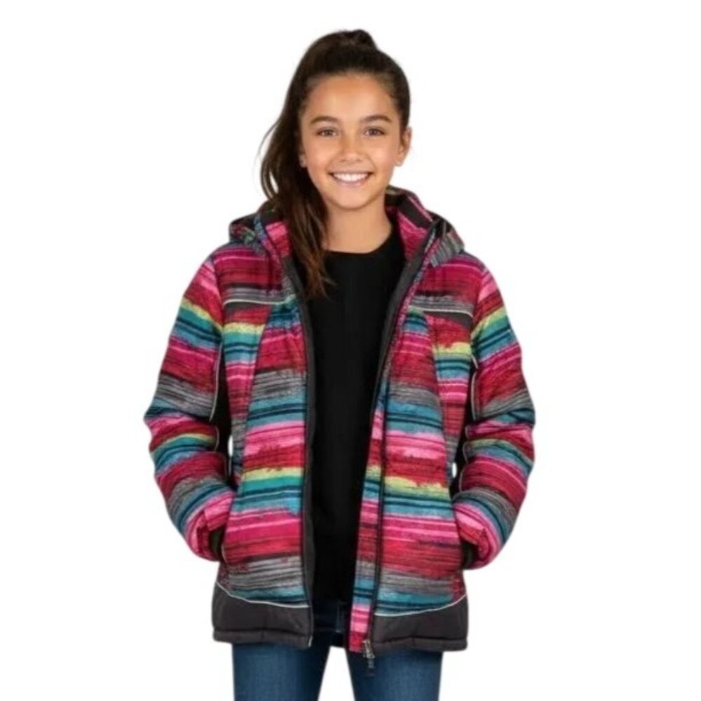 Mint Girl Kids Multicolor Striped Snowflake Hooded Winter Puffer Jacket Sz 10/12
